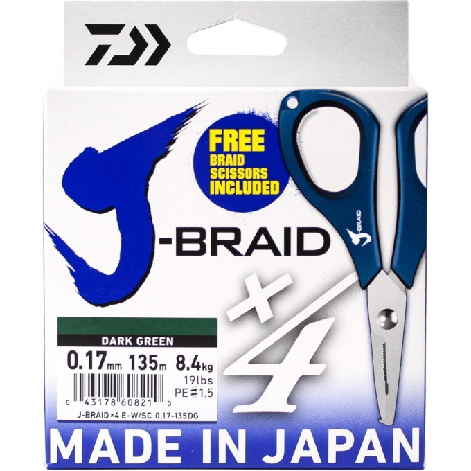 Шнур DAIWA J-Braid X4E-W/SC 0,17мм 135м dark green + ножницы