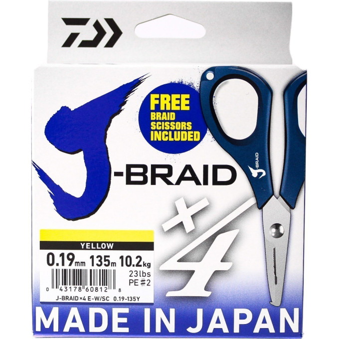 Шнур DAIWA J-Braid X4E-W/SC 0,19мм 135м желтый + ножницы