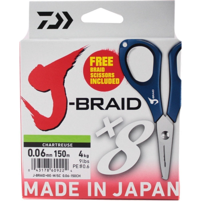 Шнур DAIWA J-Braid X8E-W/SC 0,06мм 150м chartreuse + ножницы