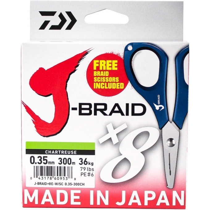 Шнур DAIWA J-Braid X8E-W/SC 0,35мм 300м chartreuse + ножницы